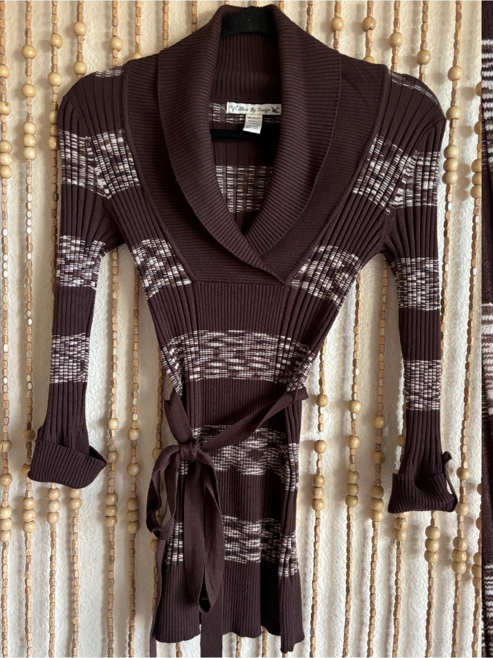 Y2K Brown White Striped Ribbed V Neck Stretch Twee Waist Tie Long Sleeve Sweater